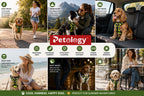 A promotional collage for the Petology dog harness, showing multiple dogs and people in outdoor and car settings wearing the harness. The Petology logo is prominently displayed in the center, with feature icons and text highlighting breathable mesh, lightweight comfort, extra safety and control, reflective mesh, strong buckles, and summer suitability.