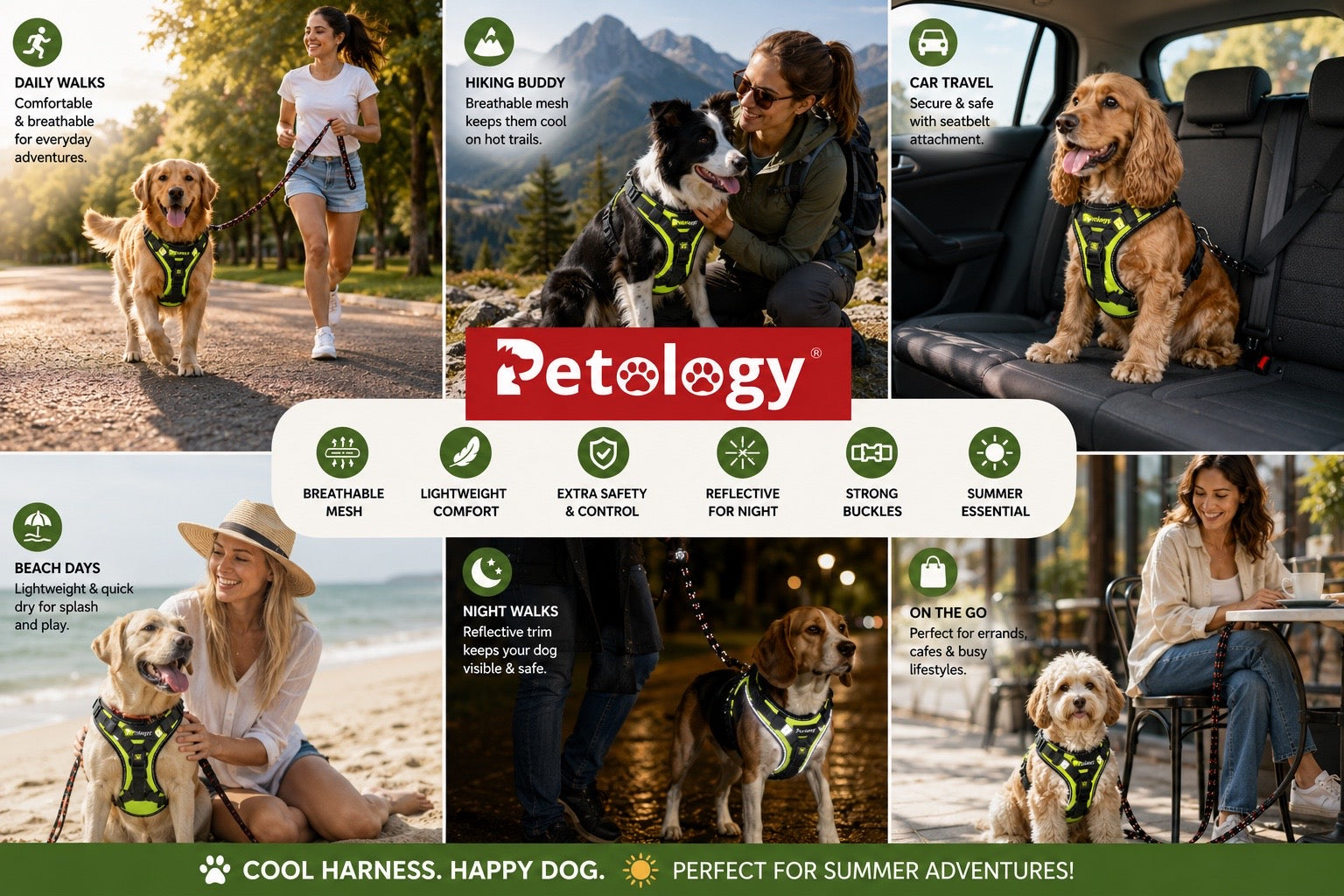 A promotional collage for the Petology dog harness, showing multiple dogs and people in outdoor and car settings wearing the harness. The Petology logo is prominently displayed in the center, with feature icons and text highlighting breathable mesh, lightweight comfort, extra safety and control, reflective mesh, strong buckles, and summer suitability.