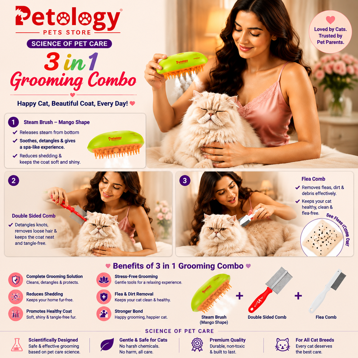 MEOW MEOW Combo 10 Minute Grooming Salon Makeover with Shine, Lice & Flea Care