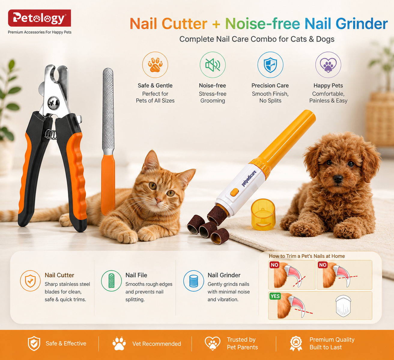 Noiseless nail cutter with grinder and polisher, smooth edges for pets’ perfect salon look