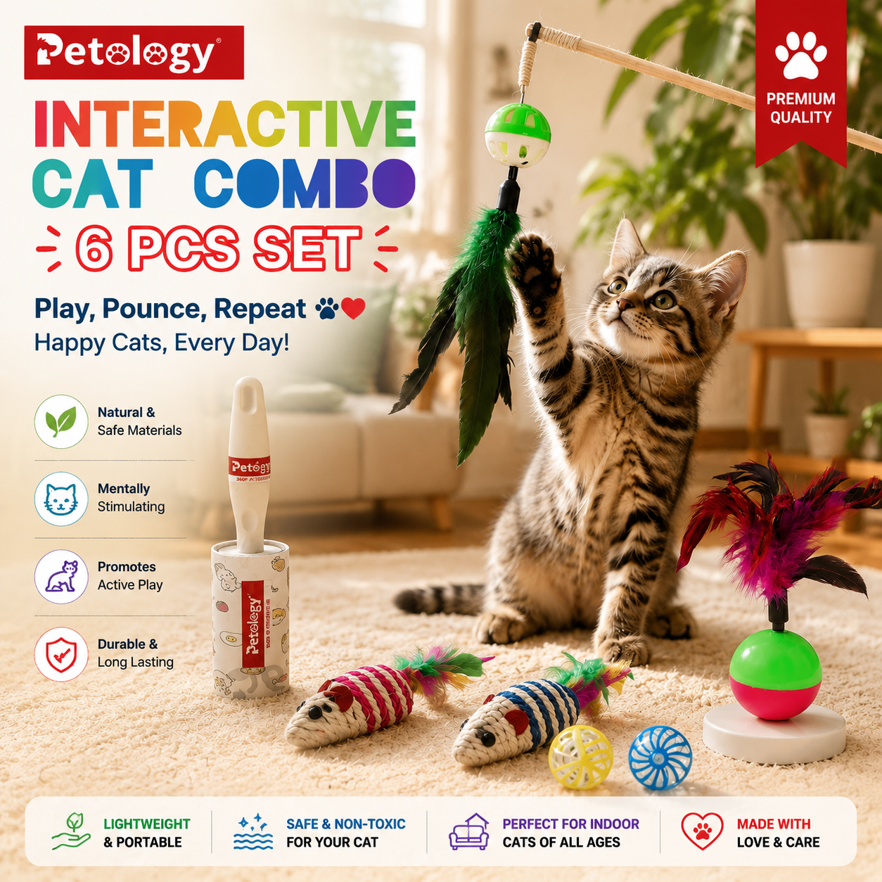 6-in-1 Combo Cat Toys for Indoor Cats Adult & Kittens – Interactive Wand Toy, Sisal light pair of mouse,50mm,sound ball and fur tumbler with Feather Teaser, Pet Toys for Play, Kitten Play Item, Indoor Play Toy, Daily Exercise & Fun