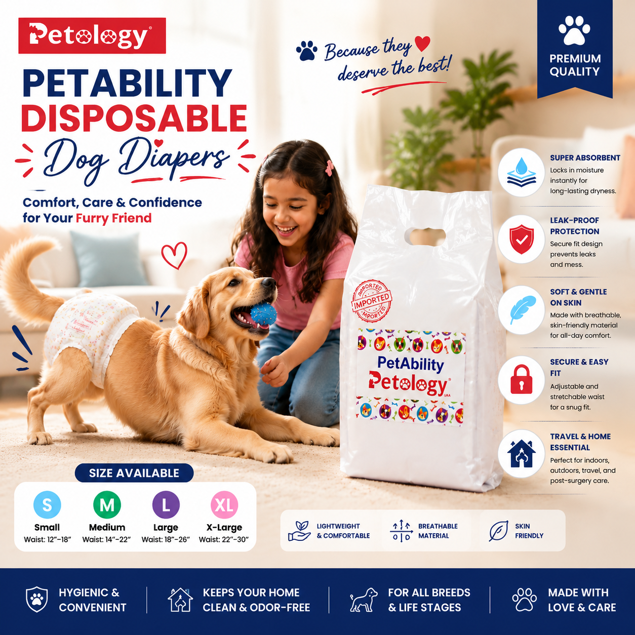 Petability Dog Diapers Leak-Proof, Ultra-Absorbent, Perfect for Daily Use & Travel 10 pieces