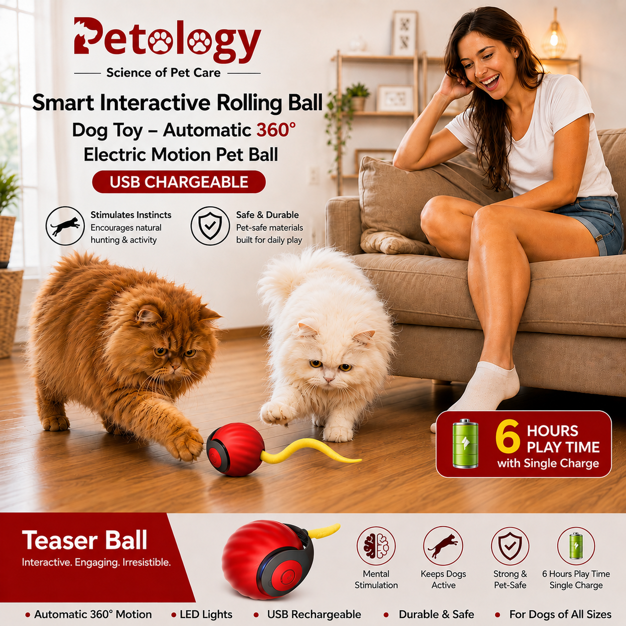 Playpets Exclusive Latest Interactive Toy Ball with touch Motion Activated Dog & Cat Toy, Smart Ball with "C" TYPE Charging, heavy Rotating Roller, Two Speed (All Breed Type)