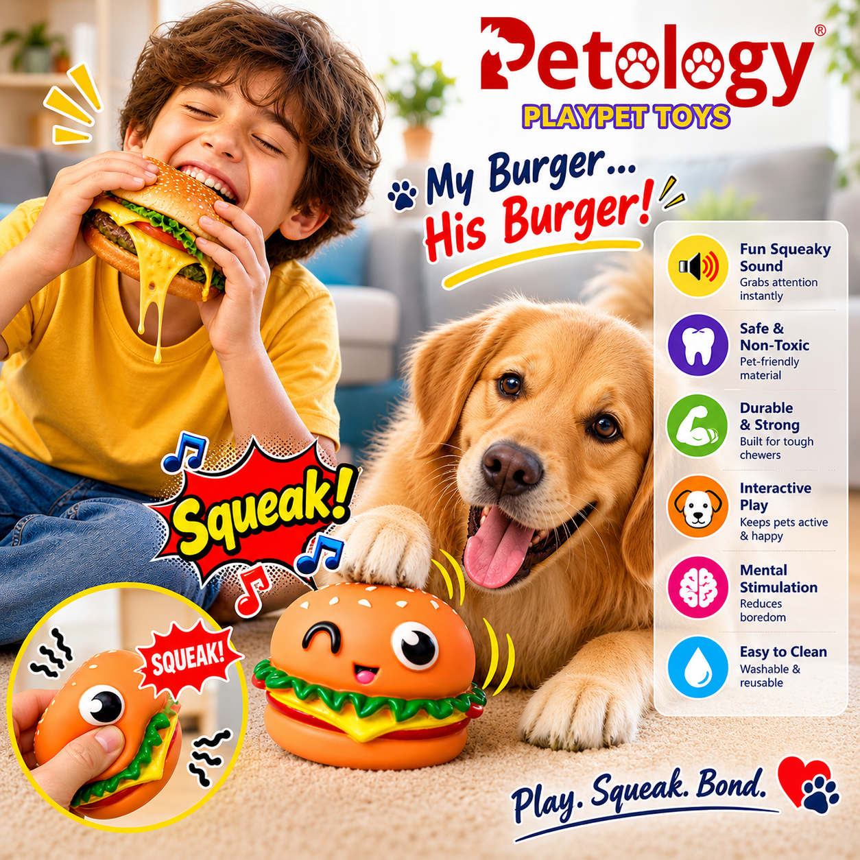 A golden retriever dog and a young boy are shown with a plush squeaky burger toy branded PlayPet Toys. The scene includes promotional text, icons, and a close-up inset of a hand squeezing the toy.