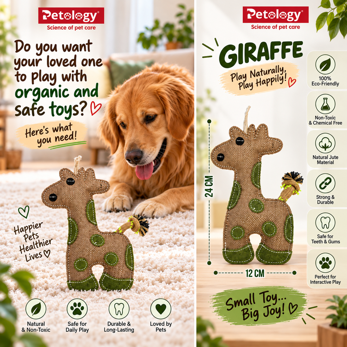Natural jute Felt Dog Toy(Giraffe) -safe and non toxic No Squeak, No Fluff, Durable, Extra Thick Dog Chew Toy for Aggressive Chewers for adult and puppies