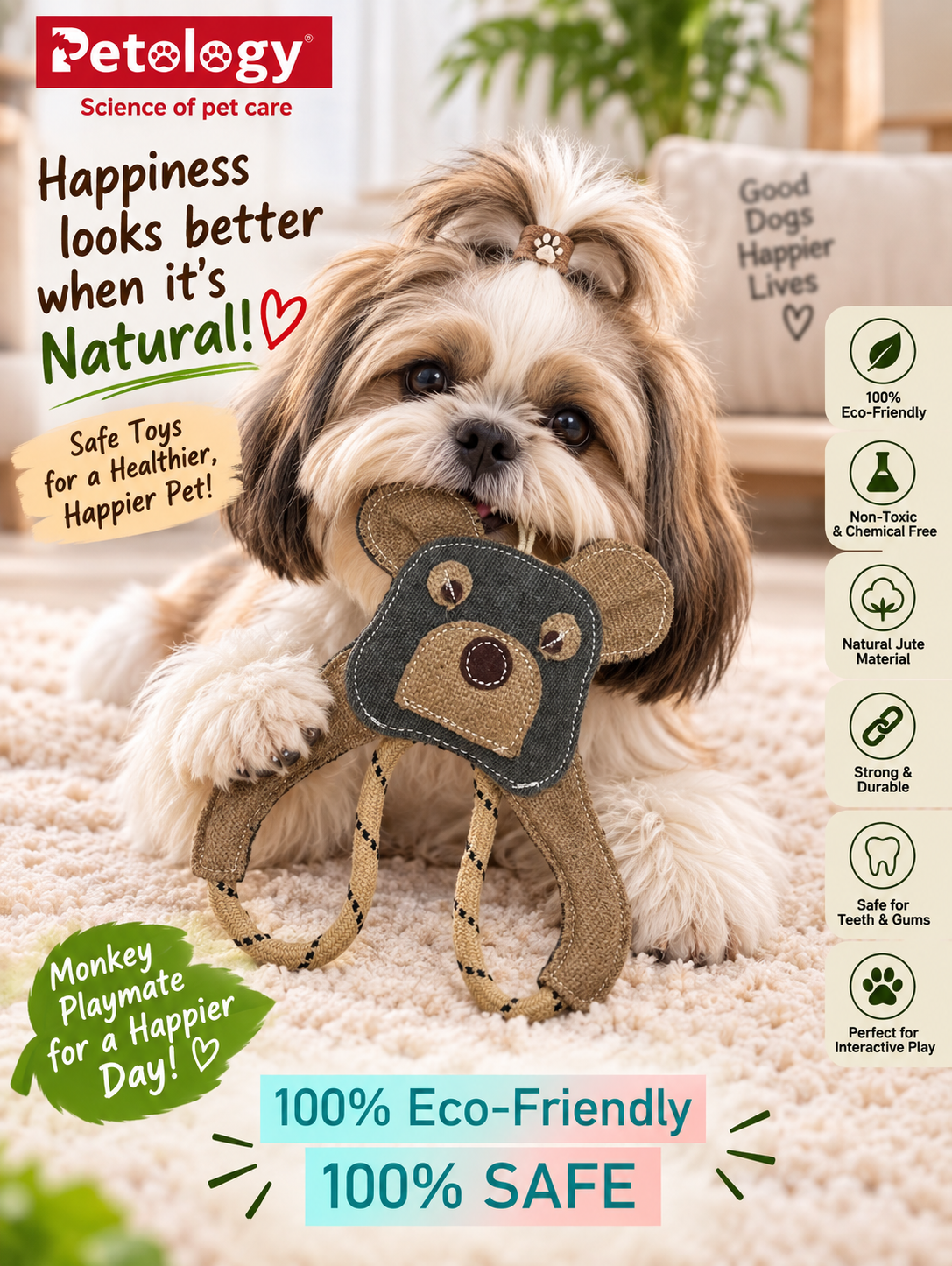 Natural jute Felt Dog Toy(Monkey) -safe and non toxic No Squeak, No Fluff, Durable, Extra Thick Dog Chew Toy for Aggressive Chewers for adult and puppies