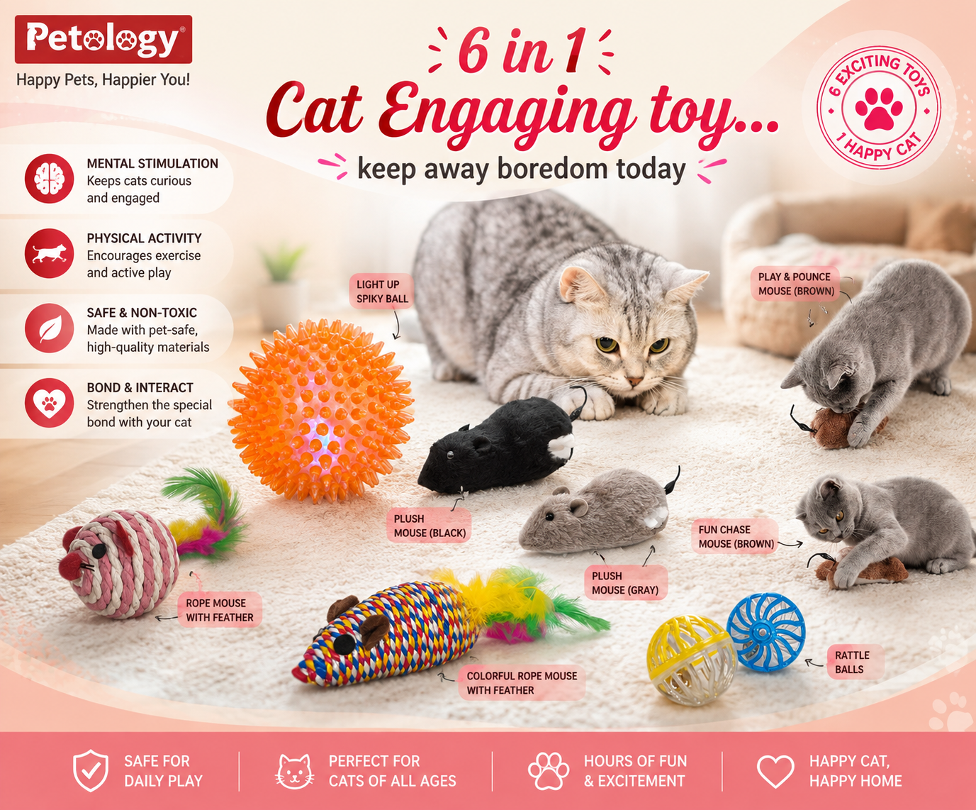 6-in-1 Cat Toy Combo Keep Your Cat Happy Active and Entertained Ultimate Playtime Bundle for Curious Cats