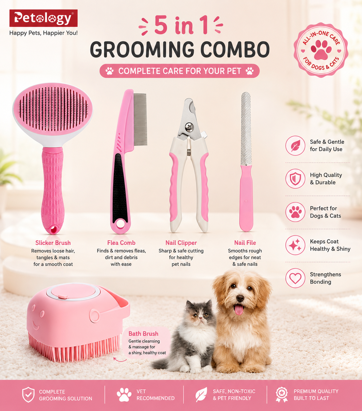 A 5-in-1 pet grooming kit by Petology shown on a pink promotional background with a small cat and dog. The set includes a pink slicker brush, a pink and black flea comb, a pink nail clipper, a pink nail file, and a pink bath brush.