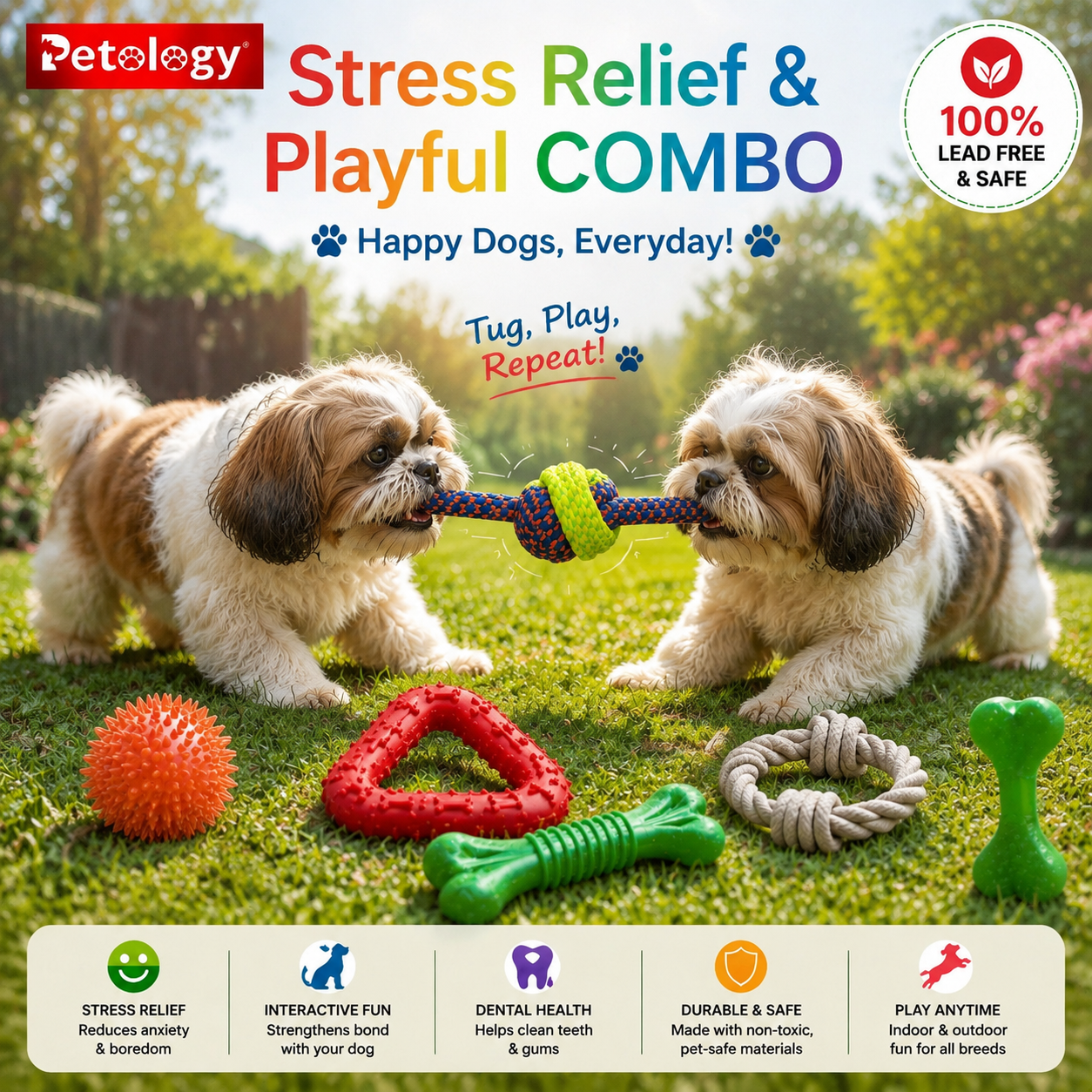 Two small fluffy dogs playing with a colorful tug toy on green grass, surrounded by multiple dog toys. The image includes the Petology brand logo, the text 'Stress Relief & Playful COMBO', a '100% Lead Free & Safe' badge, and a row of feature icons at the bottom.