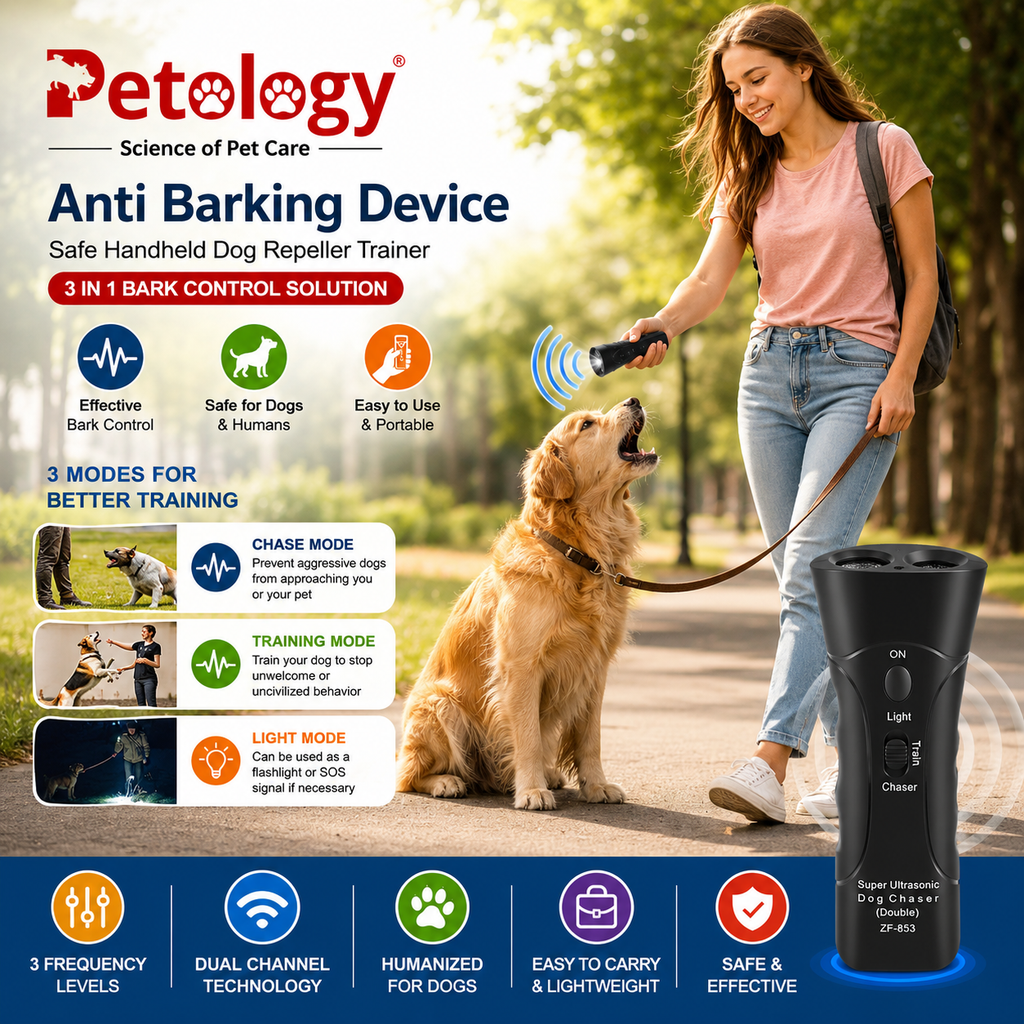 Petology Anti Barking Device, Safe Handheld Dog Repeller Trainer Dual Channel Dog Repeller Ultrasonic Handheld Dog Training Tool, 3 in 1 Bark Control Frequency Levels Humanized for Cats, Dogsl