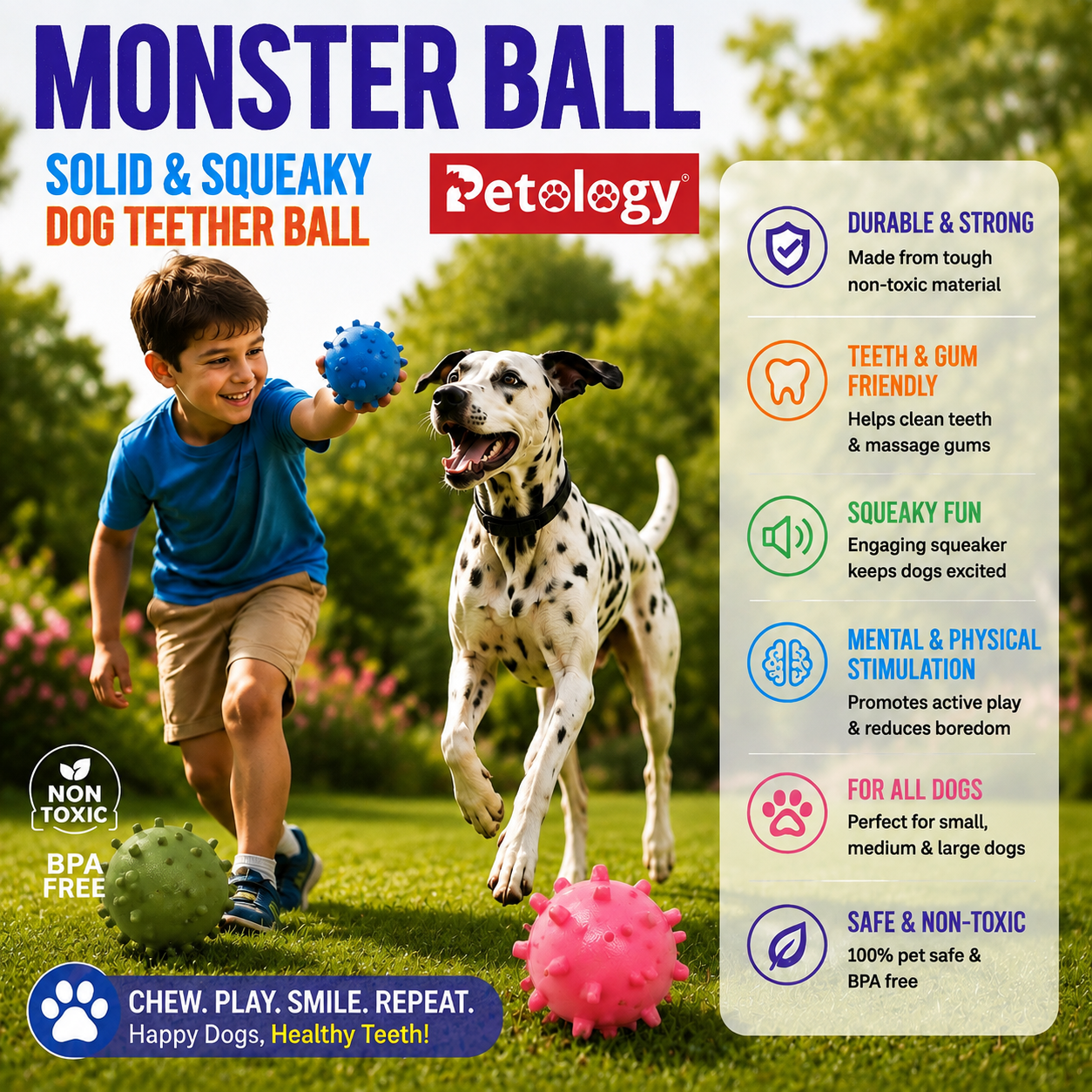 Buy Any 3  Monster Spike Balls at the price of 2 BPA Free, Non Toxic, Durable, Squeaky Perfect for Chewing, Teething and Training