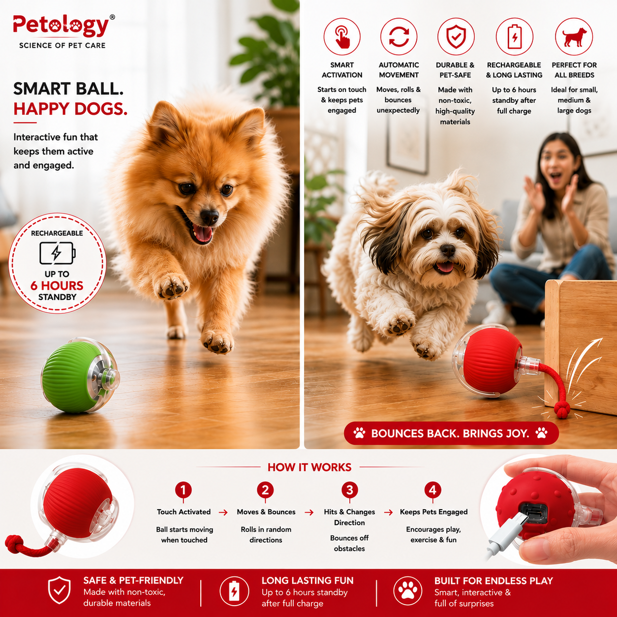 Playpets  Interactive Rolling Ball Toy for Cats and Dogs 360° Smart Automatic Pet Ball (RED)