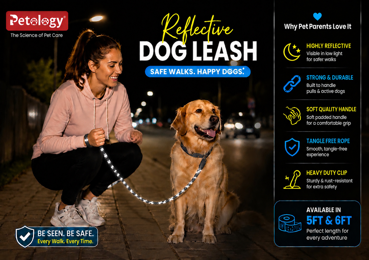 PAWPET Reflective Rope Dog Leash Padded Handle, 360° Tangle Free Buckle for all size Dogs