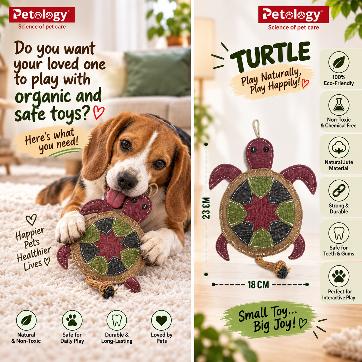 Natural jute Felt Dog Toy(TURTLE) - safe  and non toxic No Squeak, No Fluff, Durable, Extra Thick Dog Chew Toy for Aggressive Chewers for adult and puppies