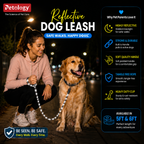 A promotional graphic for the Petelope Reflective Dog Leash. On the left, a woman in a pink hoodie crouches next to a golden retriever dog on a dark street at night, holding the leash which has reflective silver stripes.