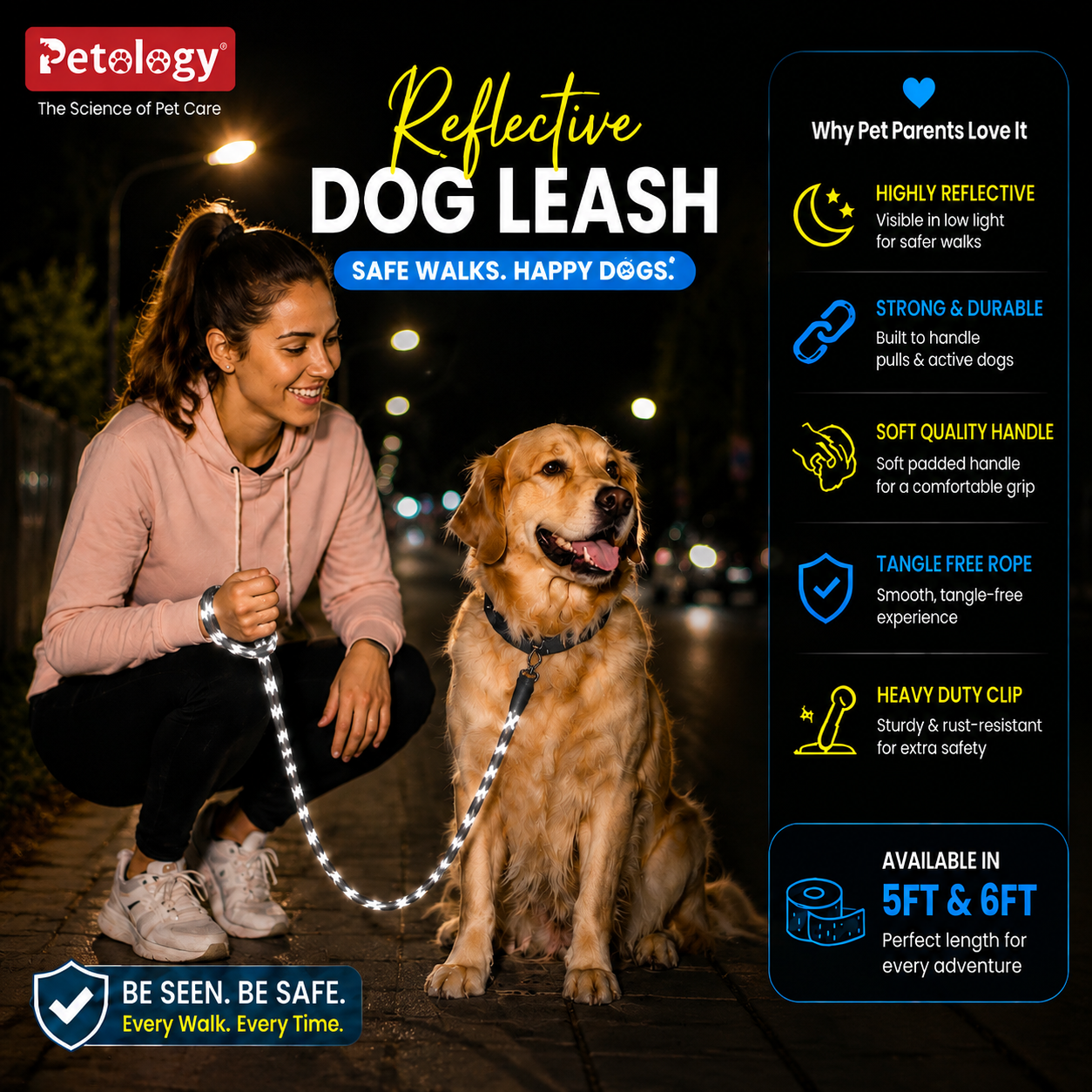 A promotional graphic for the Petelope Reflective Dog Leash. On the left, a woman in a pink hoodie crouches next to a golden retriever dog on a dark street at night, holding the leash which has reflective silver stripes.