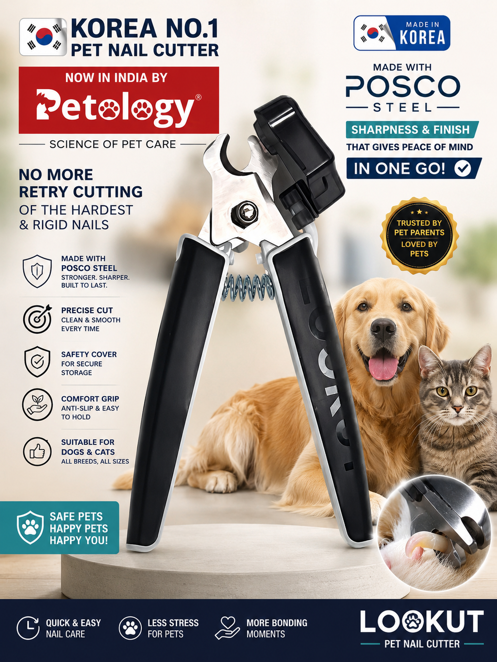 A pet nail clippers tool shown prominently on a promotional infographic background with a golden retriever and a cat behind it. The ad includes text such as 'Korea No.