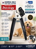 A pet nail clippers tool shown prominently on a promotional infographic background with a golden retriever and a cat behind it. The ad includes text such as 'Korea No.