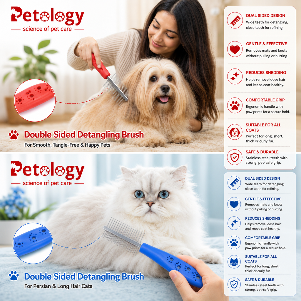 A promotional graphic for the Petology Double Sided Detangling Brush, showing the blue and red brush on a fluffy golden cat and a woman holding a red-handled tool, with feature callouts and text panels on a white background.