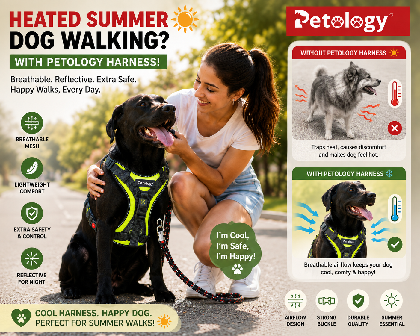 Comfort & Safety 2-in-1 Breathable Durable Vest Harness 15mm Rope Leash Reflective for low-light safety