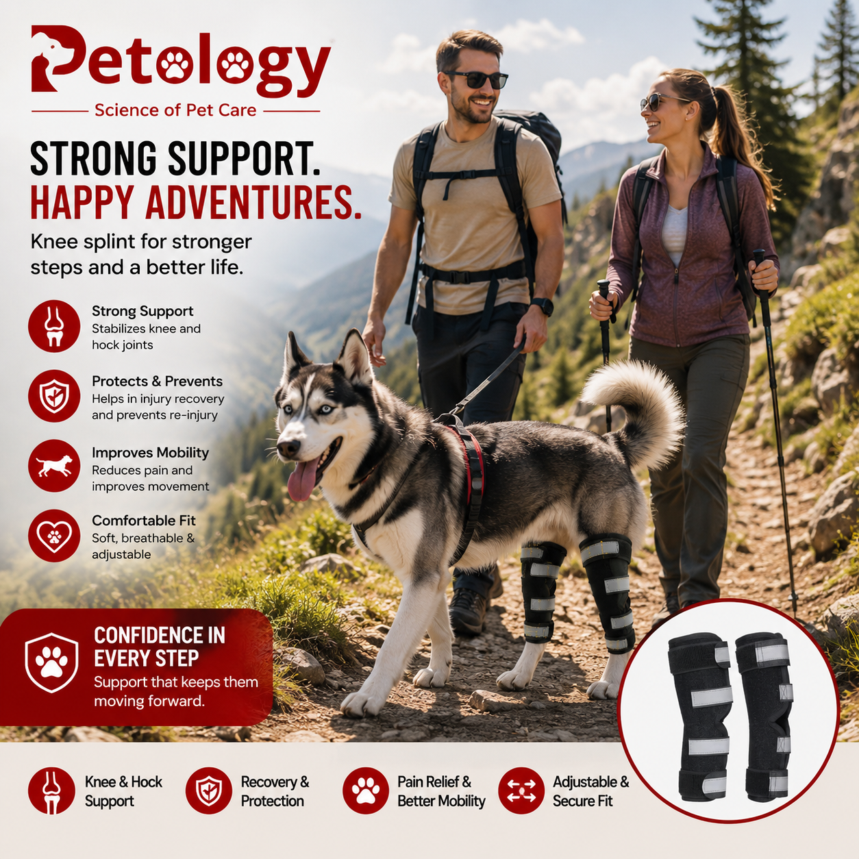 A promotional outdoor scene showing a couple hiking with a dog wearing knee and hock supports. The image includes the Petology brand logo, marketing text, feature icons, and a circular inset showing the black-and-white supports close-up against a mountain trail background.