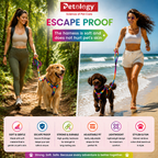 An infographic-style promotional image for Petology Escape Proof pet harnesses, featuring two women walking dogs on a forest path and beach, with text callouts and feature icons along the bottom.