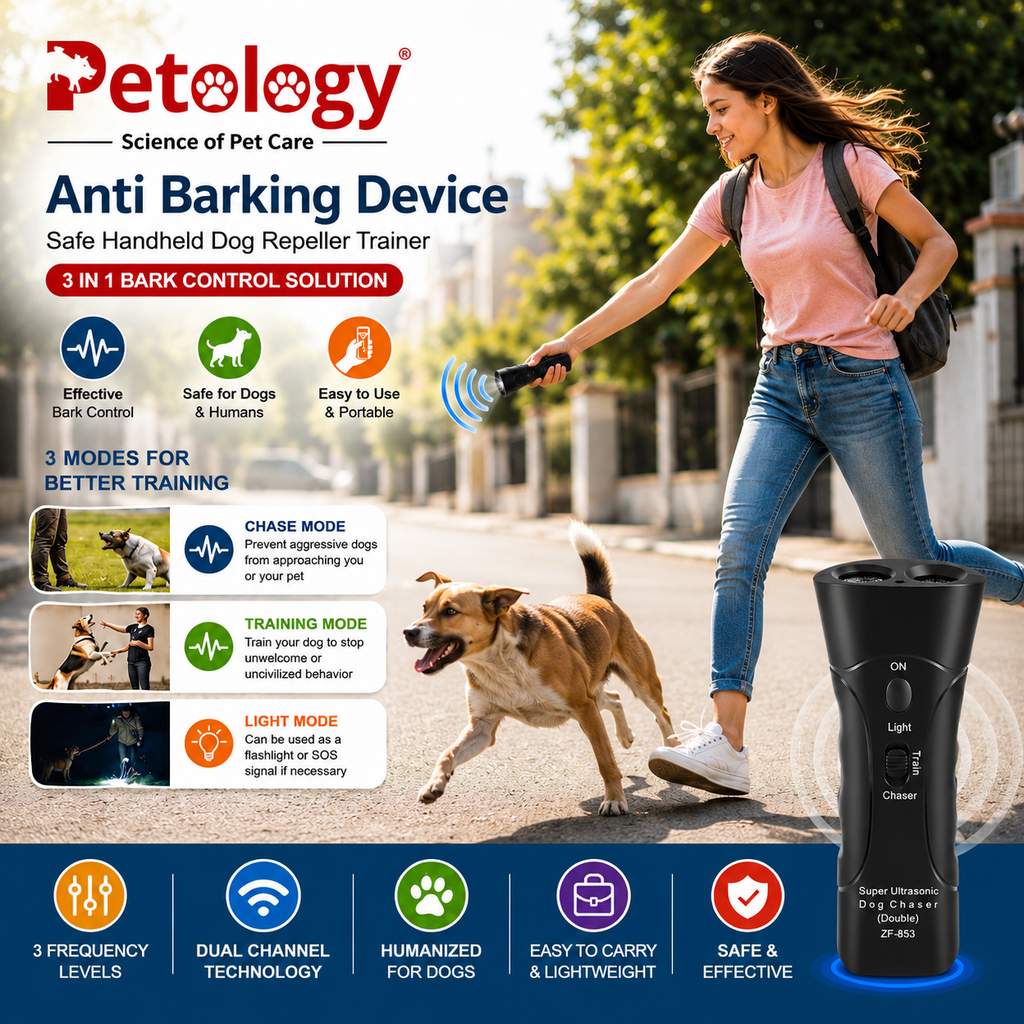 Petology Anti Barking Device, Safe Handheld Dog Repeller Trainer Dual Channel Dog Repeller Ultrasonic Handheld Dog Training Tool, 3 in 1 Bark Control Frequency Levels Humanized for Cats, Dogsl