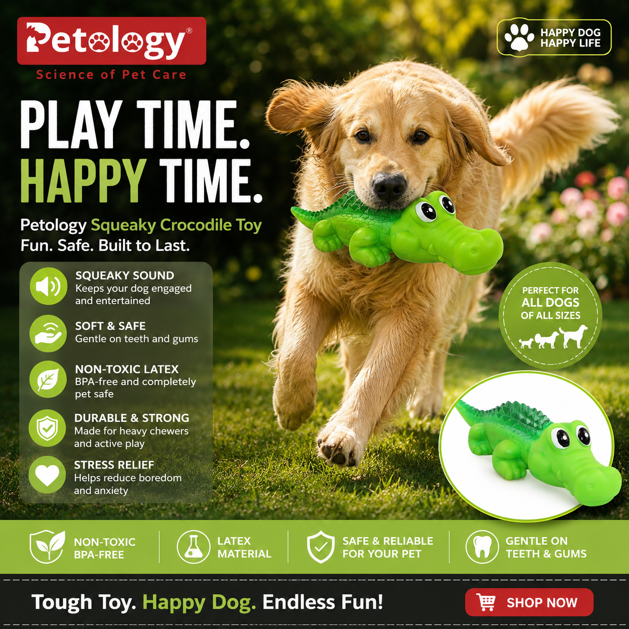 Playpet LATEX Crocodile Squeaky Dog Toy Durable Latex Chew Toy for Teething, Chewing Interactive Play Fun & Colorful
