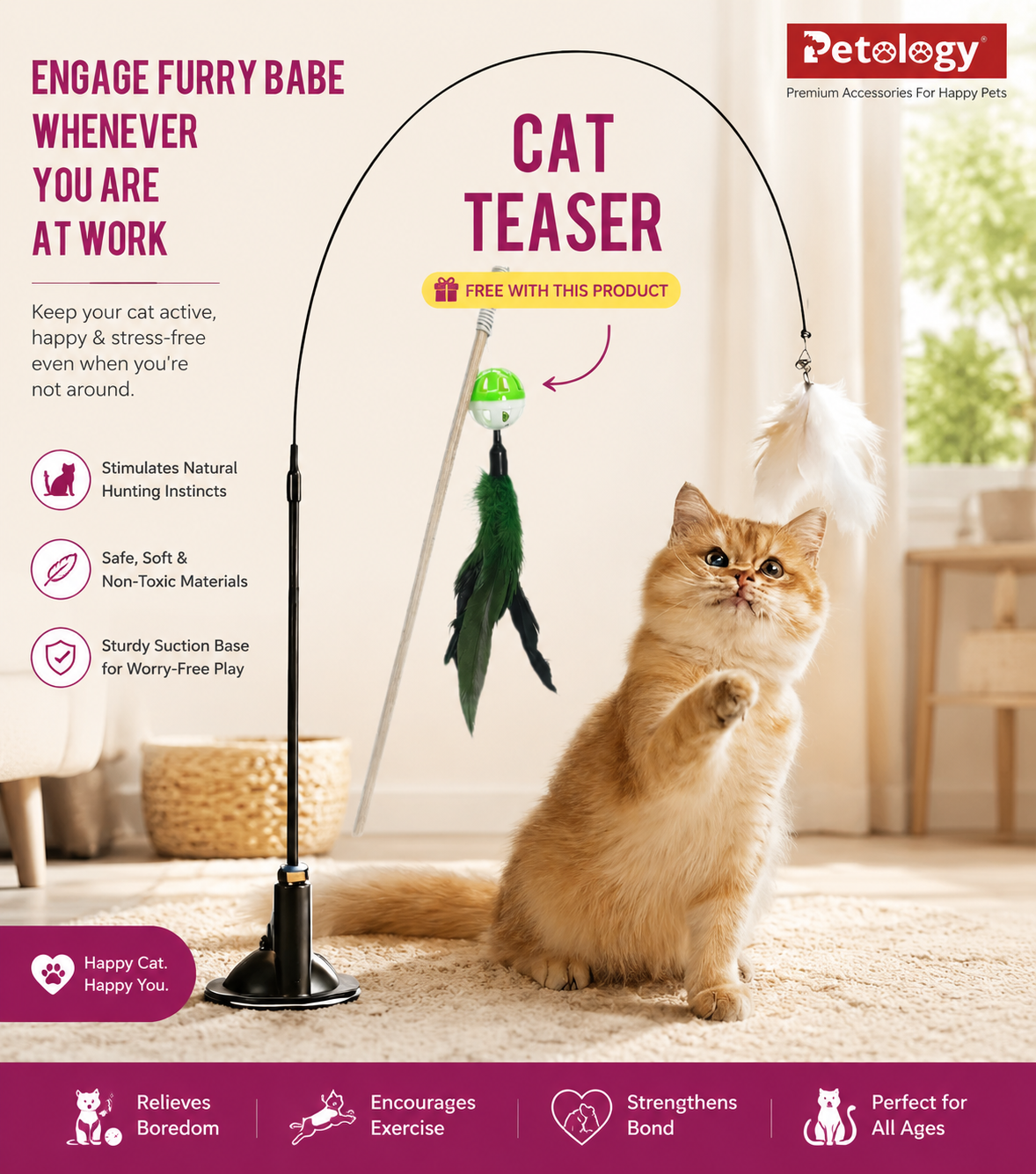 Cat Interactive suction cat wand with feather & bell, scratch‑resistant design keeps indoor cats entertained.