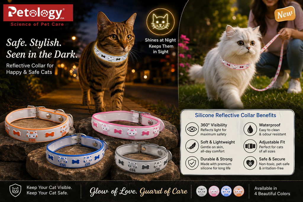 Petology reflective collar set displayed with a cat wearing one collar and several color options shown in the foreground. The ad includes product benefits text, a 'New' badge, and a background scene with a cat outdoors at night.