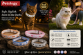 Petology reflective collar set displayed with a cat wearing one collar and several color options shown in the foreground. The ad includes product benefits text, a 'New' badge, and a background scene with a cat outdoors at night.