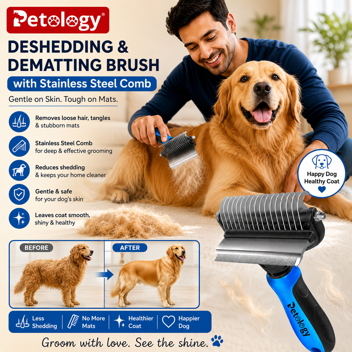 Petology stainless steel deshedding and dematting brush being used on a golden retriever dog, with a large close-up of the brush in the foreground and marketing text and before/after grooming comparison graphics.