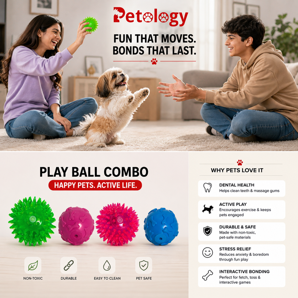Petology brand advertisement showing a woman and a small dog playing with a green ball on a carpeted floor, with two product balls in green and pink below and feature callouts on the right.