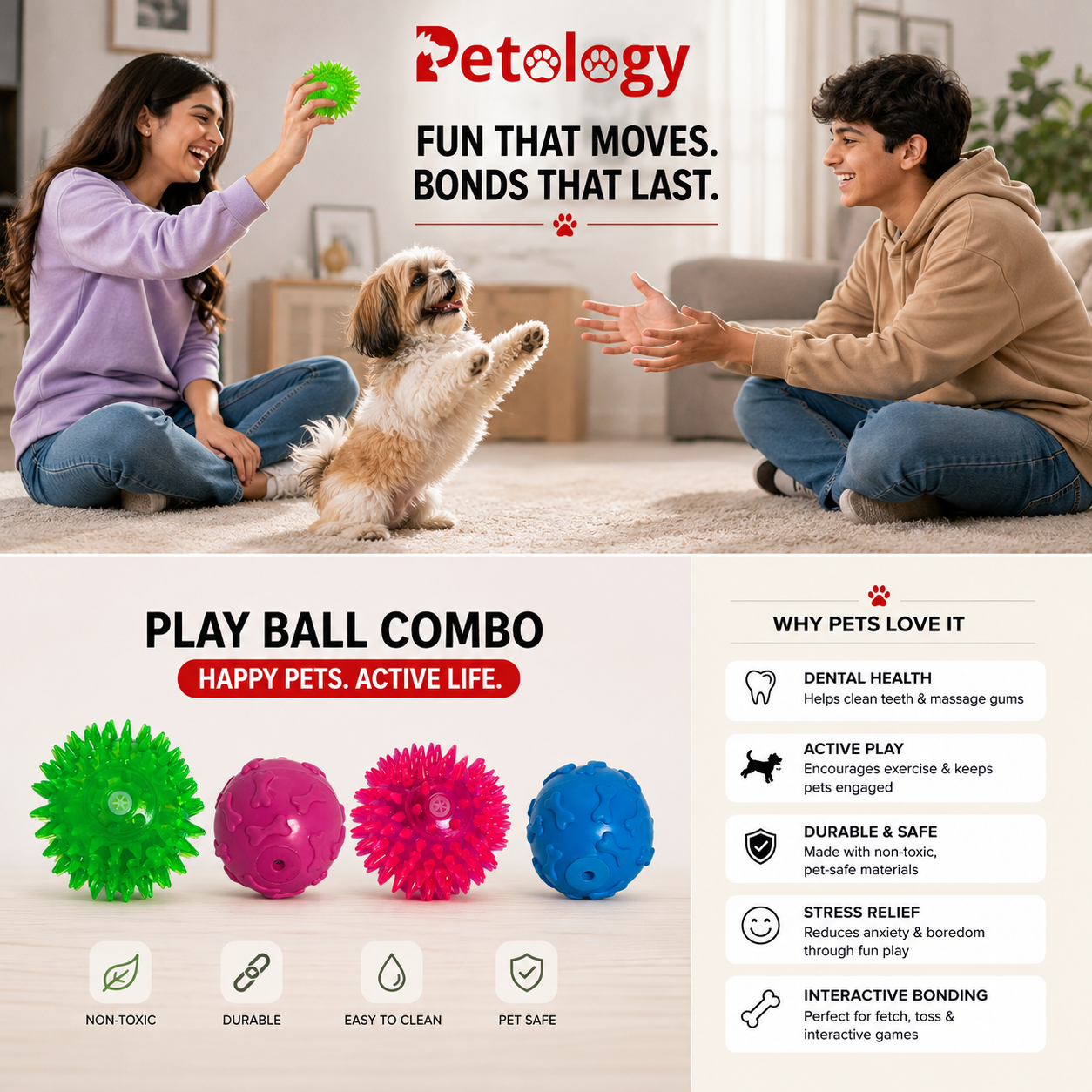 Petology brand advertisement showing a woman and a small dog playing with a green ball on a carpeted floor, with two product balls in green and pink below and feature callouts on the right.