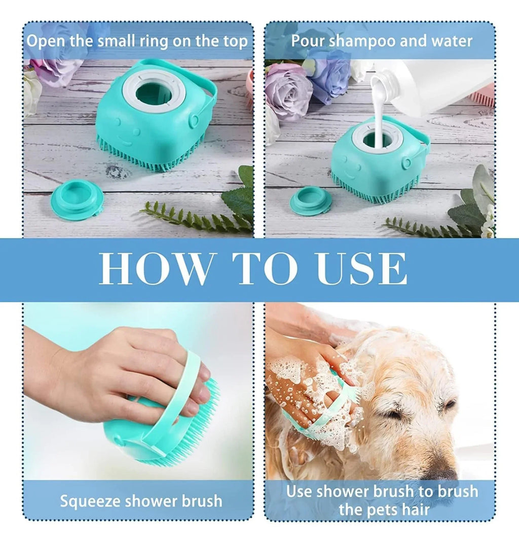 Hi Health COMBO 3 pcs Self Cleaning Slicker Shedding Brush ,Pet Bath Massage Brush With Soap & Shampoo Dispenser Soft Silicone Bristle For Long Short Haired Dogs Cats Shower.