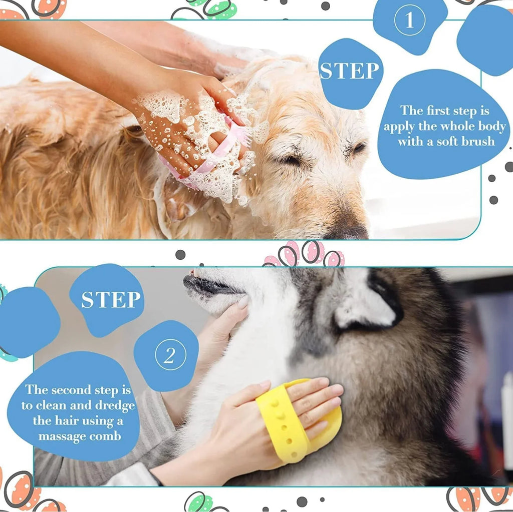 Hi Health COMBO 3 pcs Self Cleaning Slicker Shedding Brush ,Pet Bath Massage Brush With Soap & Shampoo Dispenser Soft Silicone Bristle For Long Short Haired Dogs Cats Shower.