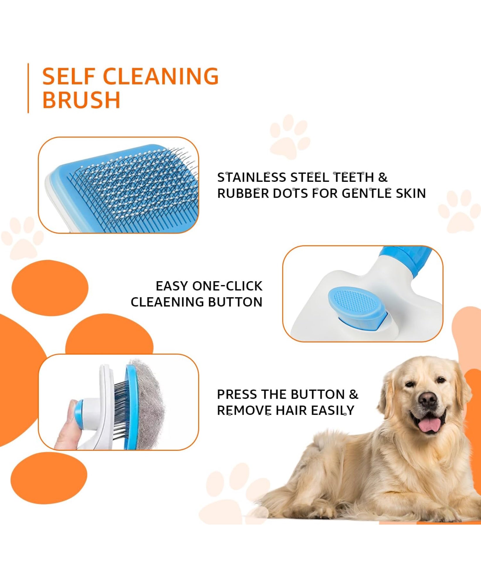 Auto Cleaning Slicker Pet Grooming Brush & Stainless Steel Pet Feeding Bowls (Set of 400 ml) for All Pets