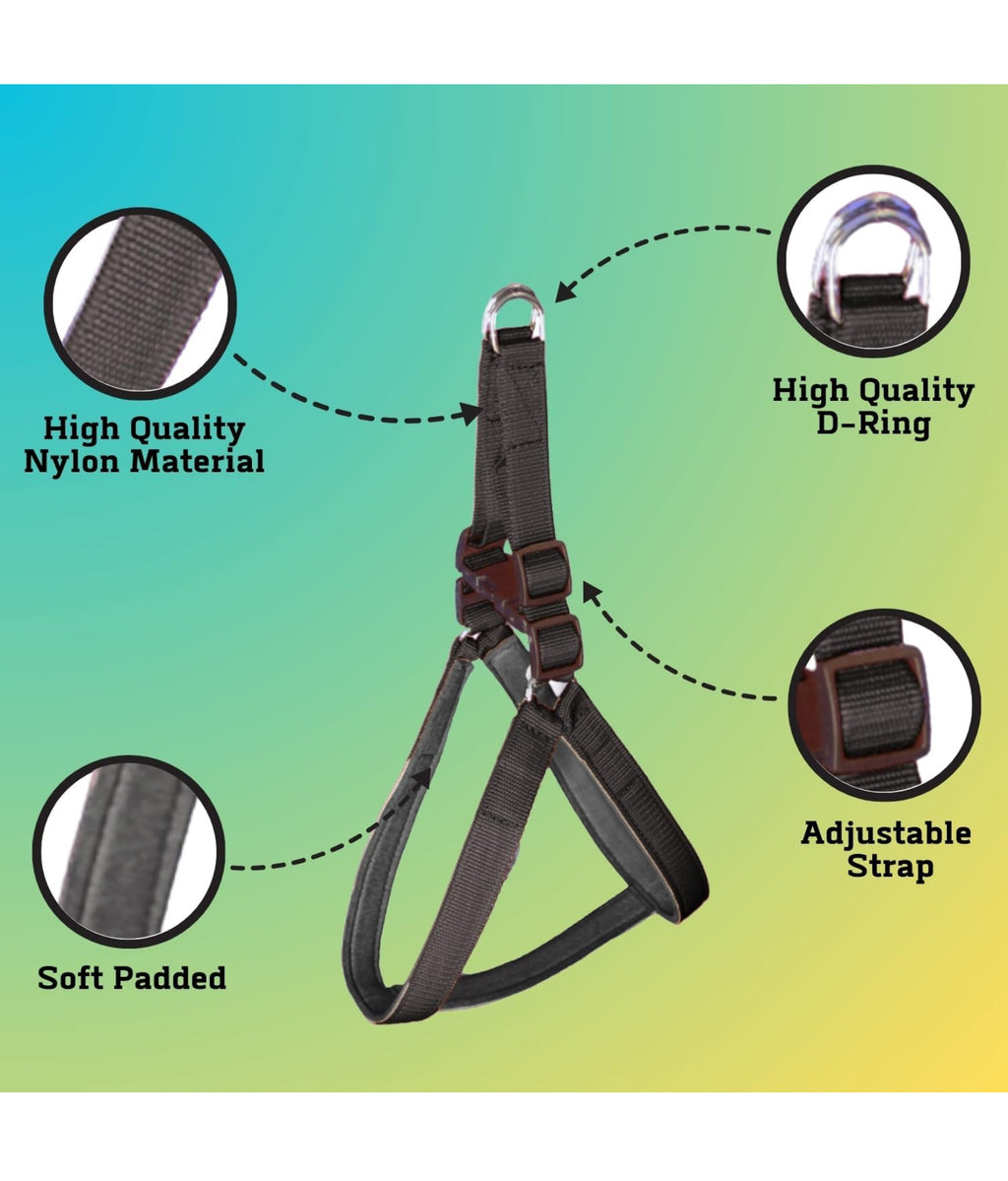 PETOLOGY COMBO(Small,Medium,Large size) No Pull Dog Harness, Collar and Leash Combo Set(Set of 3 pcs) Soft , Adjustable for all breeds, 05 - 45 Kilograms Dogs ( Black)