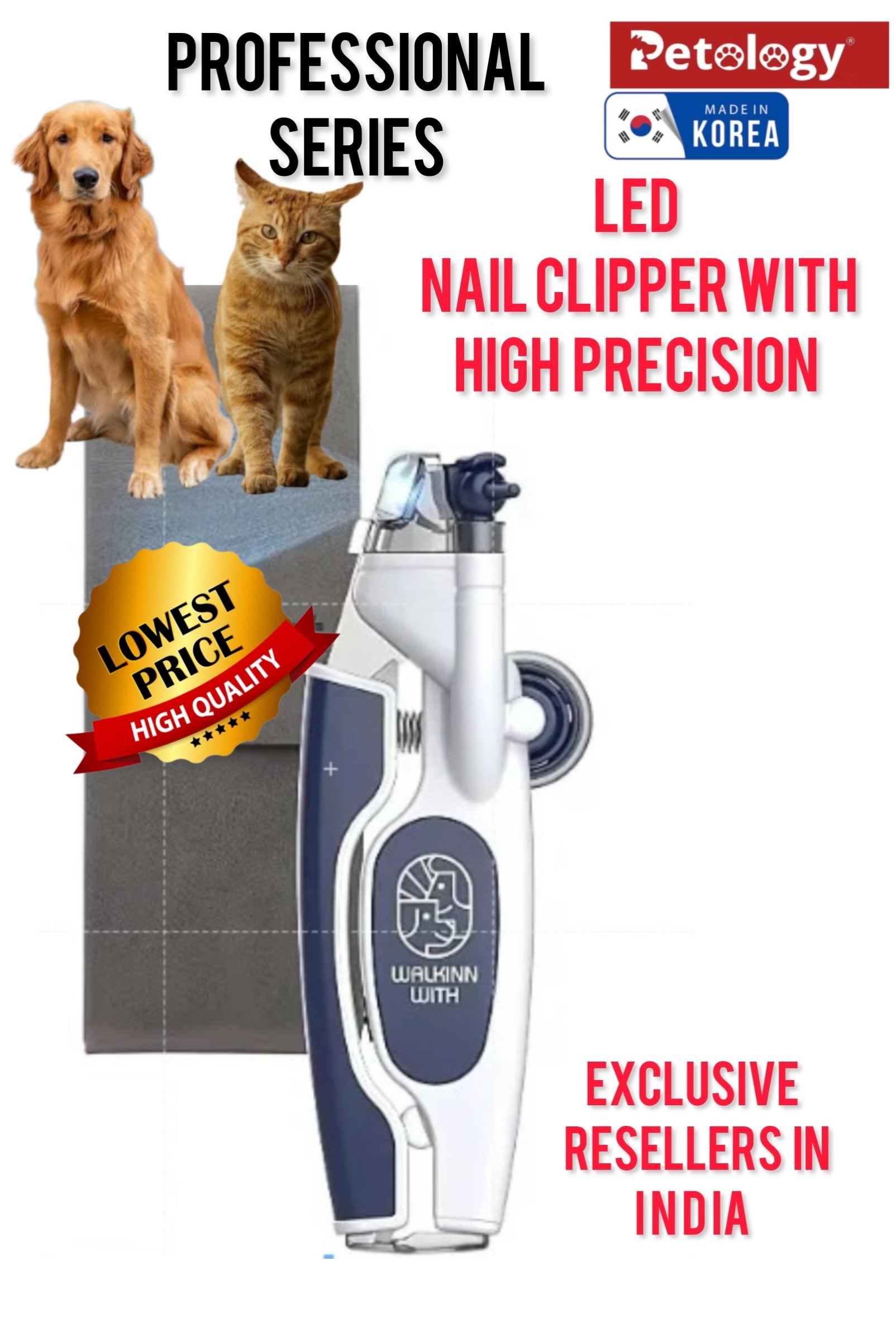 Petology Exclusive Nail Clipper (Made in Korea) Surgical stainless steel Dog and cat Nail Clippers with specially designed nail box Quick Sensor Light Accident-Free Guide Light and Dog Nail wheel Filler (Color may Vary)