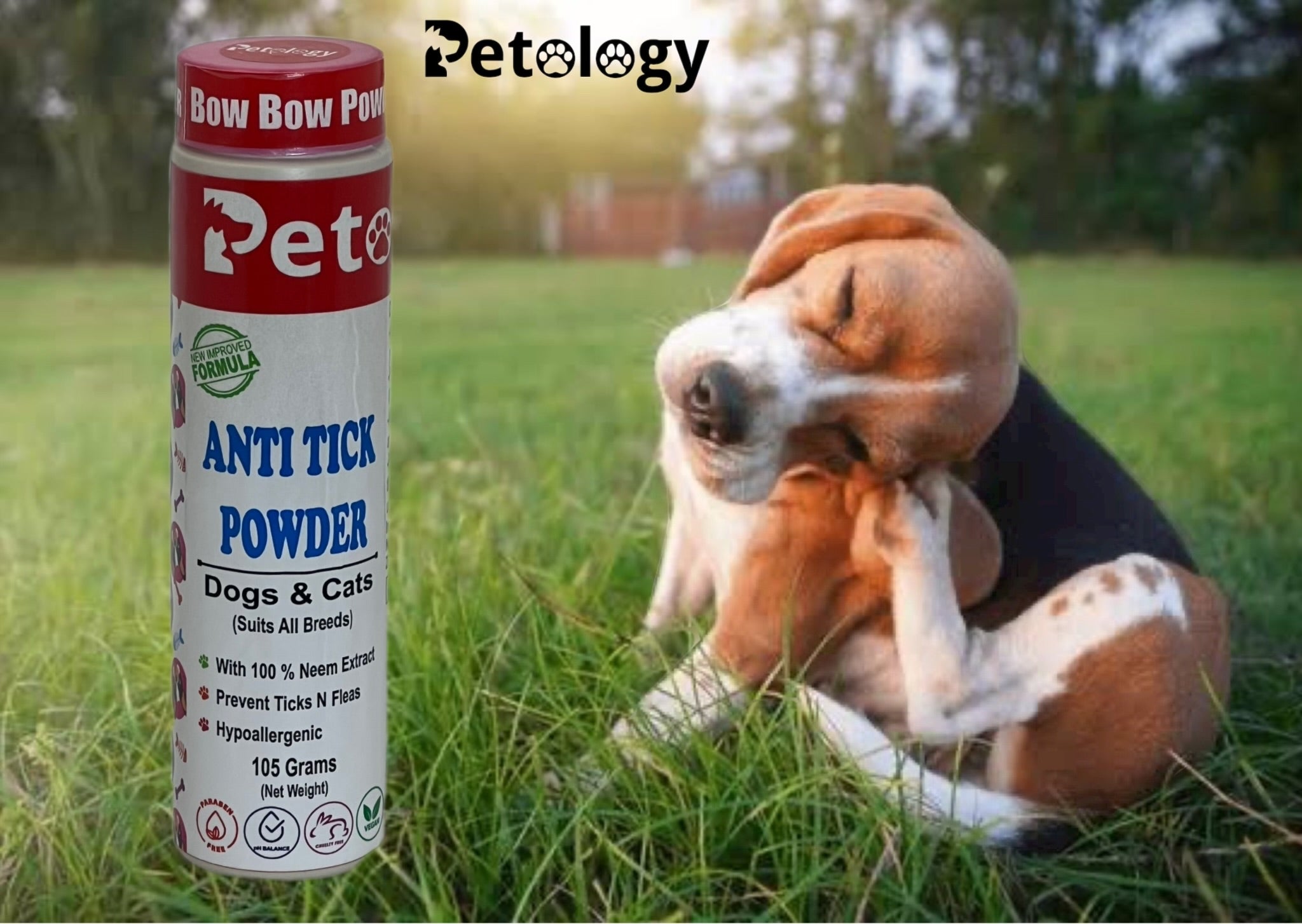 BOW BOW  100% Natural Anti-Tick, Lice & Flea Dogs & Cats Powder for Soft & Conditioned Coat No Rinse Anti-Itching ,Dog Powder for Ticks and Fleas – All Breeds-105 Gm