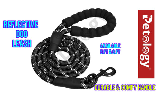Black reflective dog leash with Petology branding on a white background