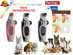 Pet nail clippers with laser light feature, surrounded by various pets and branding elements.