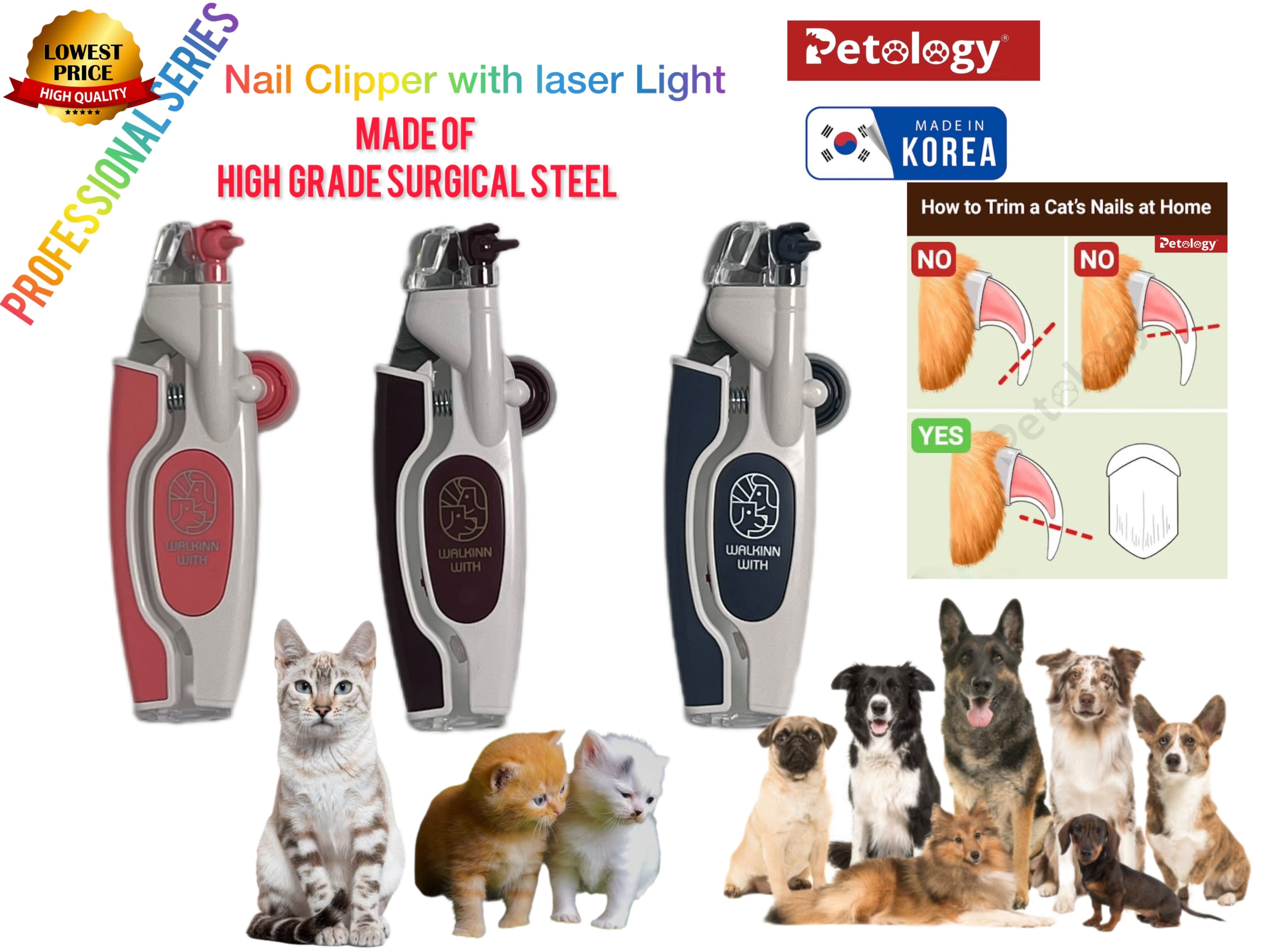Pet nail clippers with laser light feature, surrounded by various pets and branding elements.