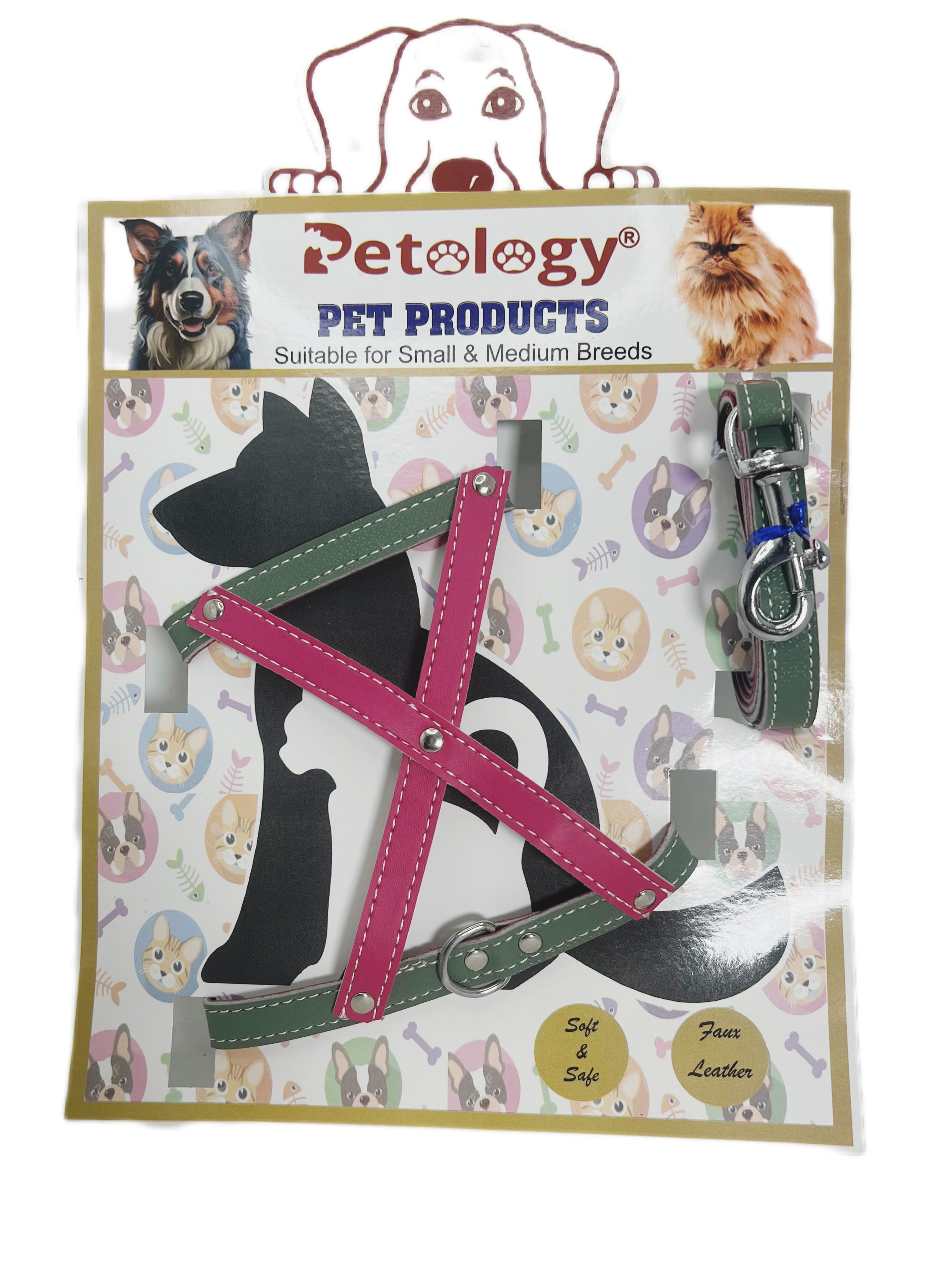 PETOLOGY Vegan leather premium (  any 2 set)with leash, puppy vest harness soft breathable,handle adjustable straps & comfy Buckle, No-Choke with Leash- 12 mm , 2-13 Kg for medium to small