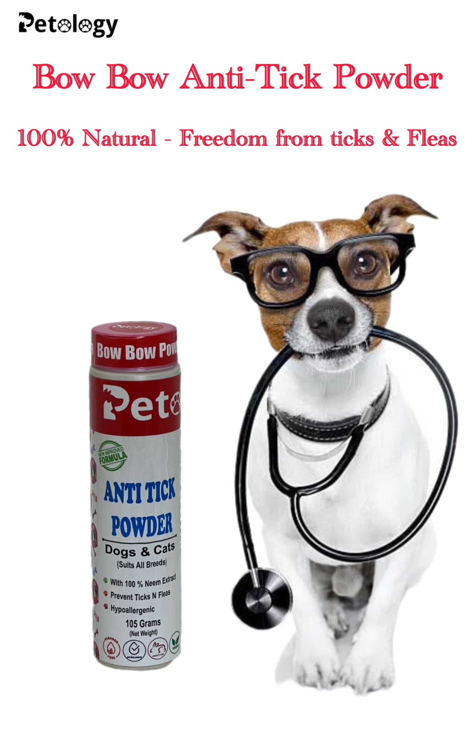 BOW BOW  100% Natural Anti-Tick, Lice & Flea Dogs & Cats Powder for Soft & Conditioned Coat No Rinse Anti-Itching ,Dog Powder for Ticks and Fleas – All Breeds-105 Gm