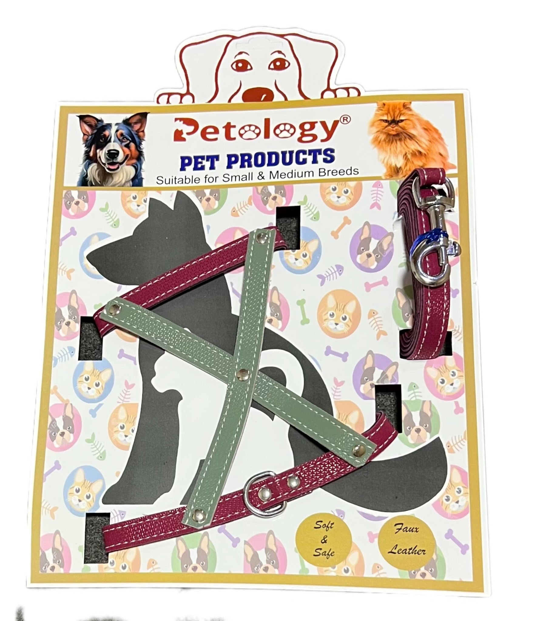 PETOLOGY Vegan leather premium (  any 2 set)with leash, puppy vest harness soft breathable,handle adjustable straps & comfy Buckle, No-Choke with Leash- 12 mm , 2-13 Kg for medium to small
