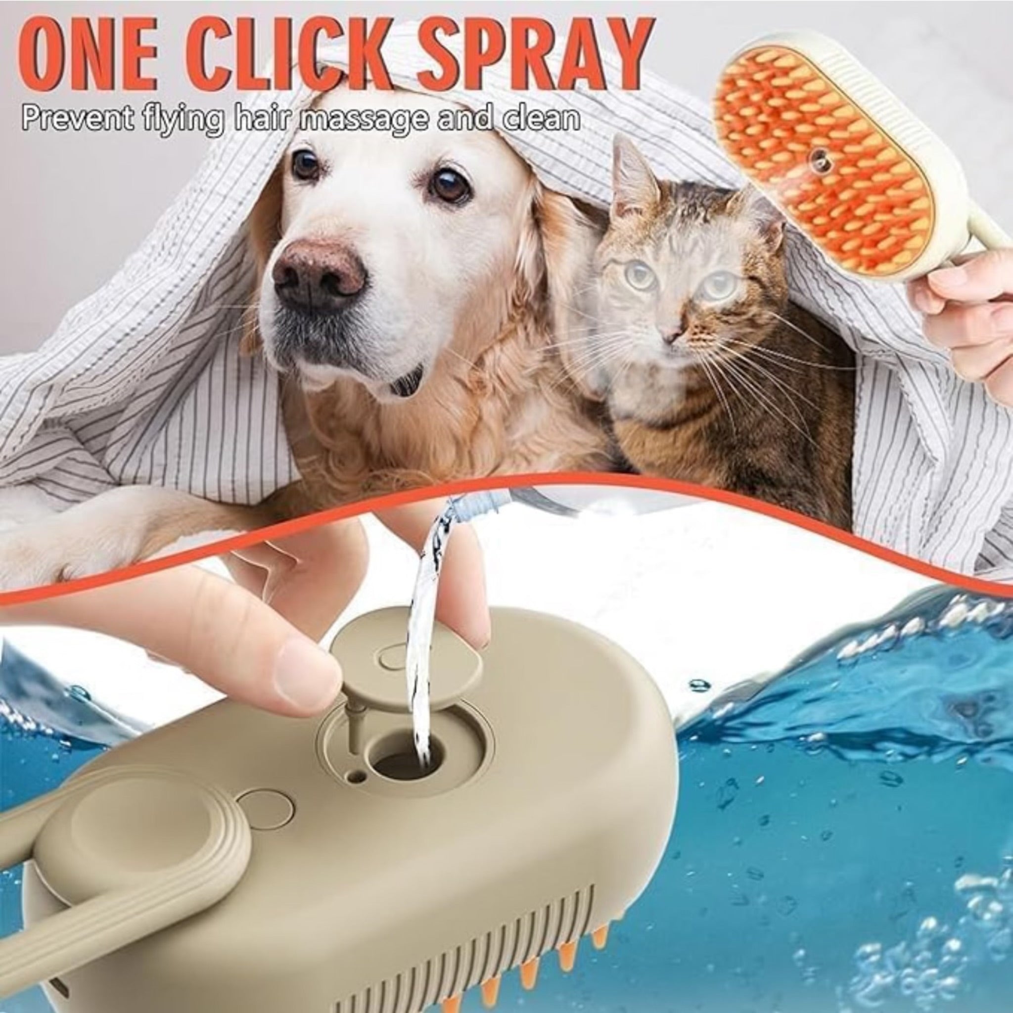 Petology exclusive Steam Brush for Dog & Cat  3 in 1 Water Brush for Dogs Silicone Massage Dog Comb Electric Multifunctional Water Brush Spa for Dogs USB Rechargeable Steamy Brush (Beige with orange)