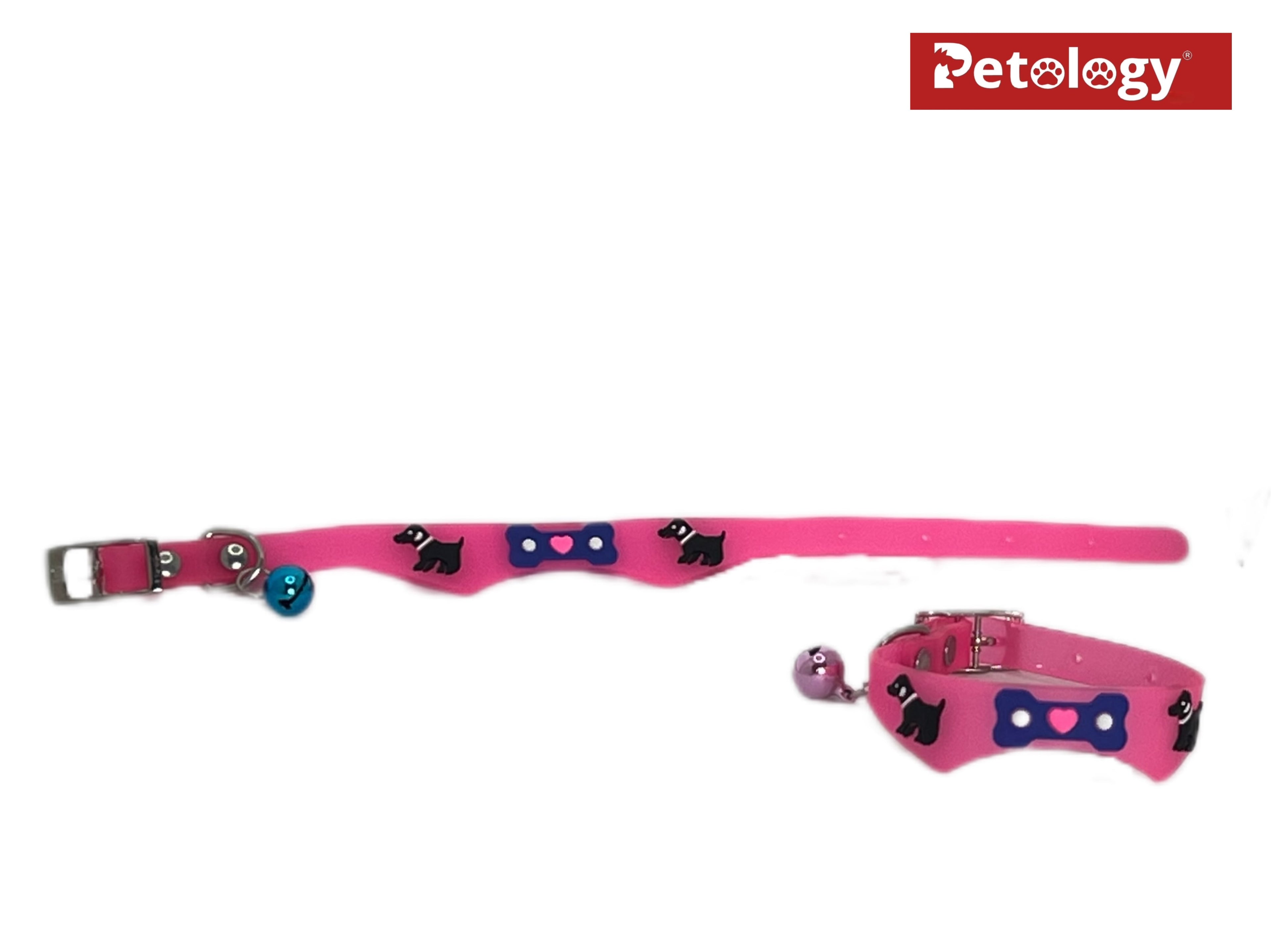 Pink dog collar with decorative elements on a white background, featuring the Petology brand.