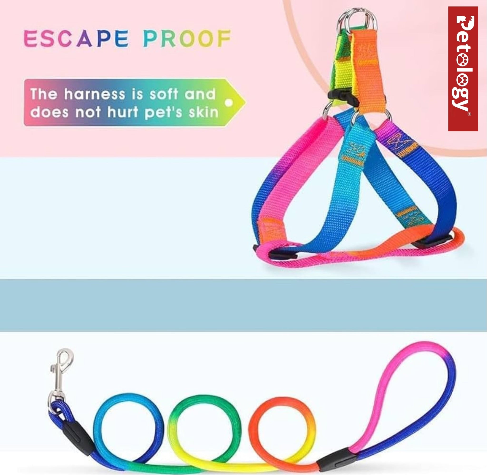 PAWPET Rainbow color No escape harness and Rope Leash adjustable Set, for Cats and Dogs (12 MM & 15 MM Set)