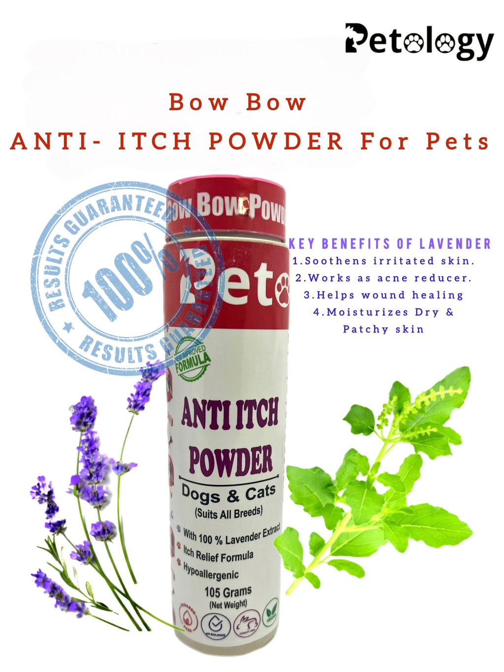Bow Bow 100% itch relief Lavender extract powder & Neem extract for Dogs to relief of Itchiness of dogs and Cats smoothens skin,moisturises patchy skin in weeks.
